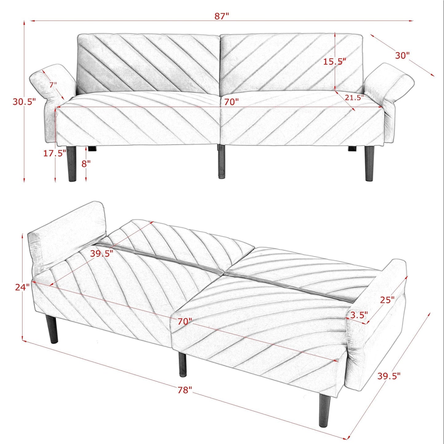 Velvet Futon Couch Convertible Folding Sofa Bed Tufted Couch with Adjustable Armrests for Apartment