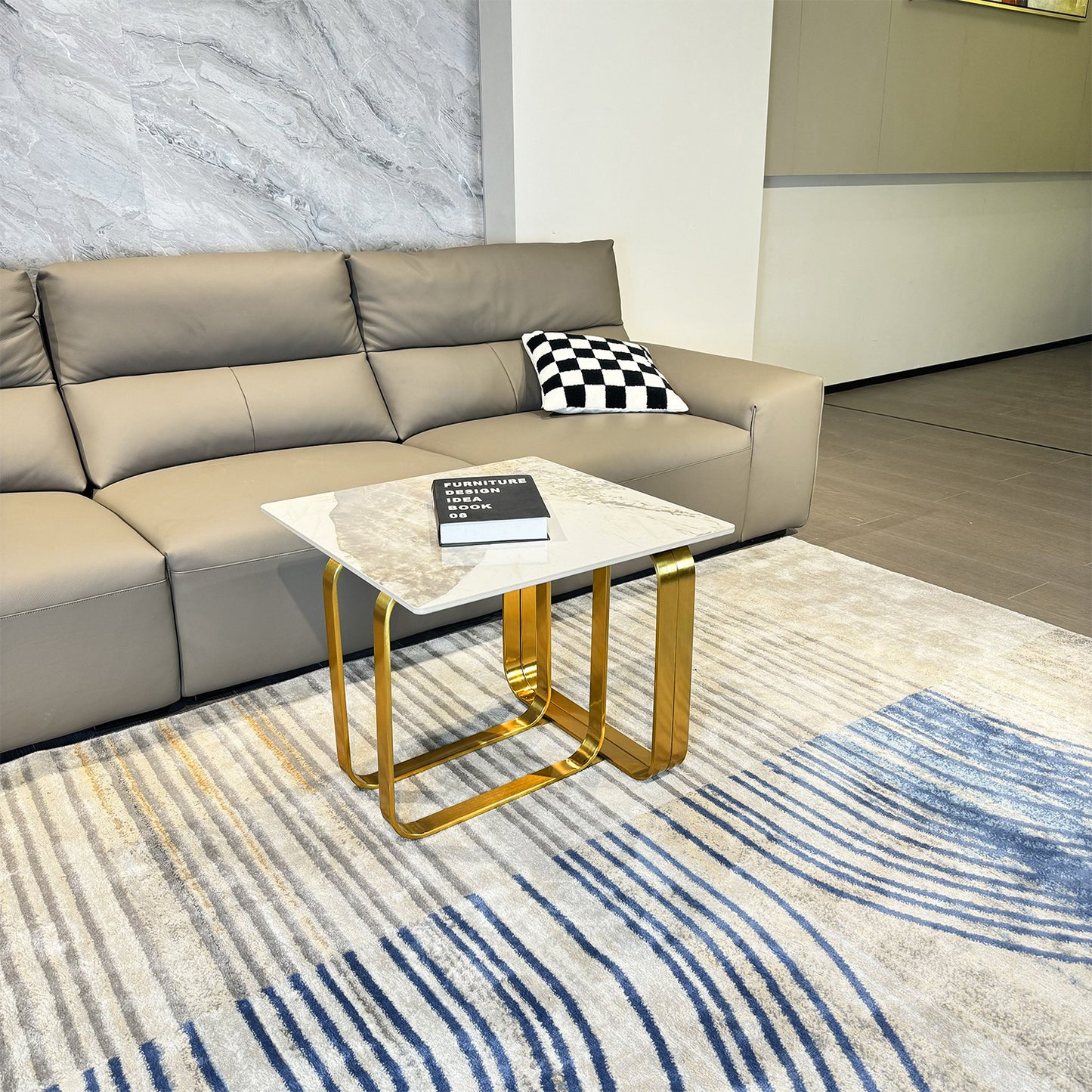 Rectangular End Table with Sintered Stone Top, Gold Metal Frame for Living Room