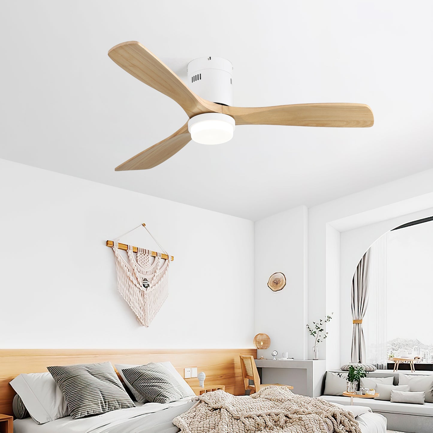 52 Inch Decorative Ceiling Fan With 6 Speed Remote White 3 Solid Wood Blades Reversible DC Motor For Living Room