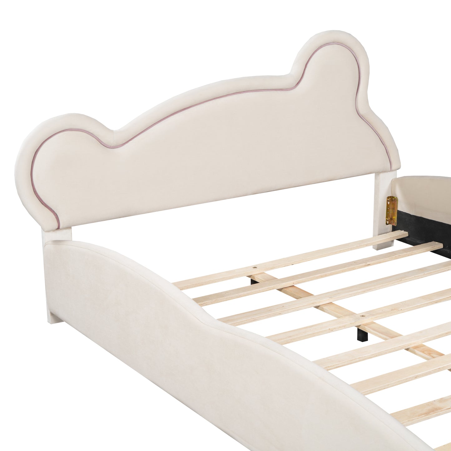 Queen Size Velvet Platform Bed with Bear-Shaped Headboard, with Bed-End Storage Pocket, Beige