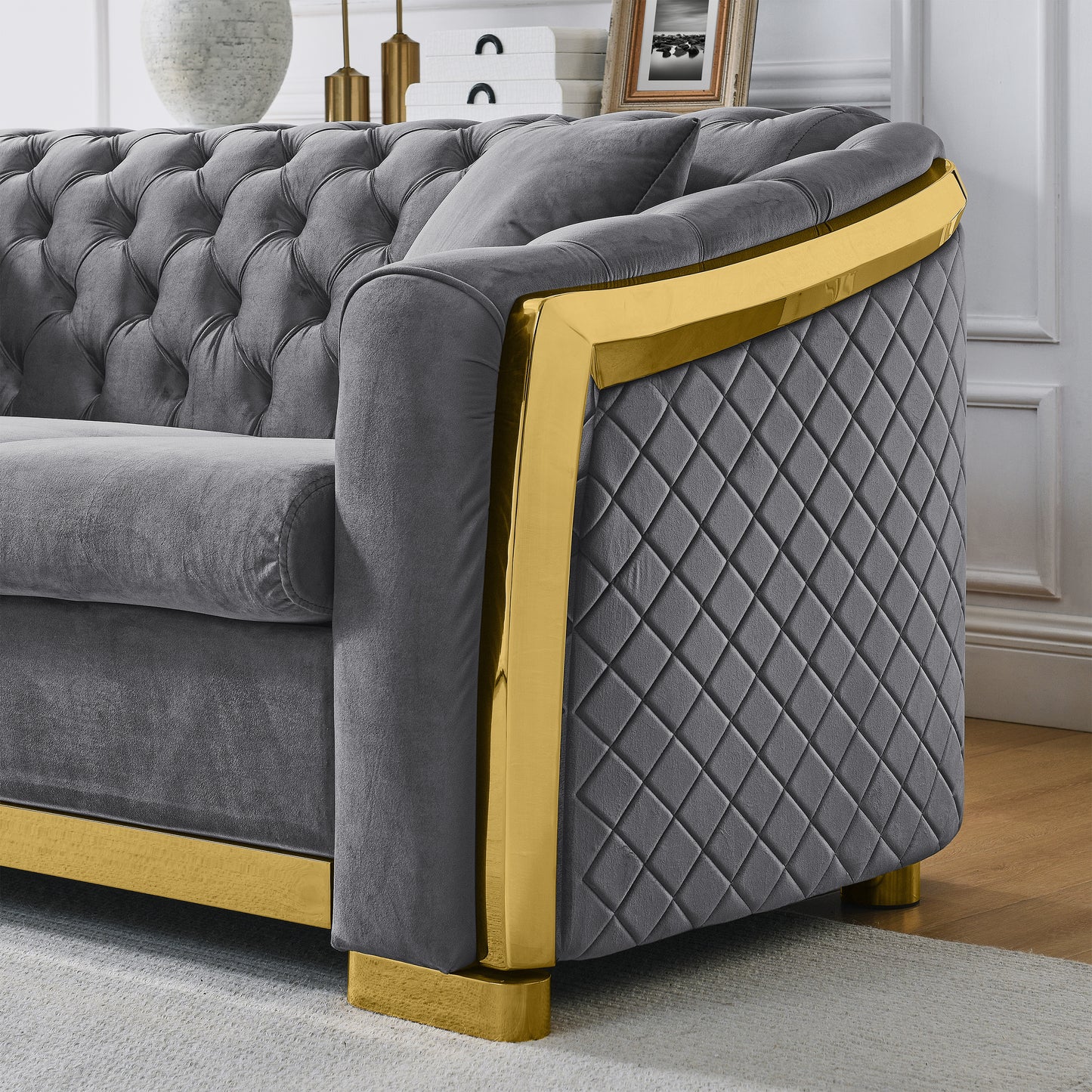 Velvet Luxury Chesterfield Sofa Set, 84 Inches Tufted 3 Seat Couch with Gold Stainless for Living Room, Grey Fabric