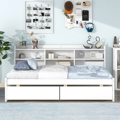 Twin Bed with Side Bookcase, Drawers,White