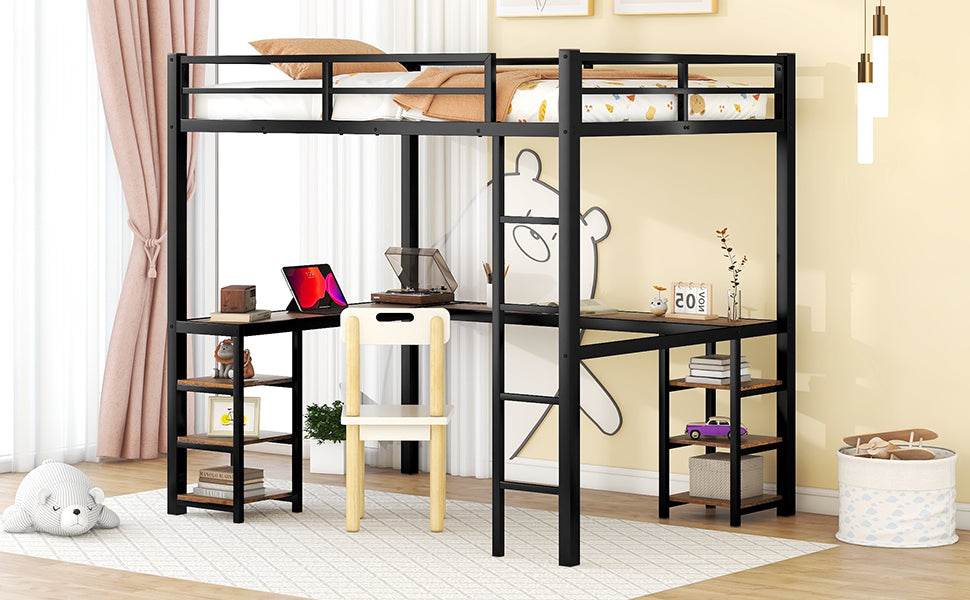 Full Metal Loft Bed with Desk and Shelves, Loft Bed with Ladder and Guardrails, Loft Bed Frame for Bedroom, Black with Vintage wood-colored desk(Old SKU: W1307S00022)