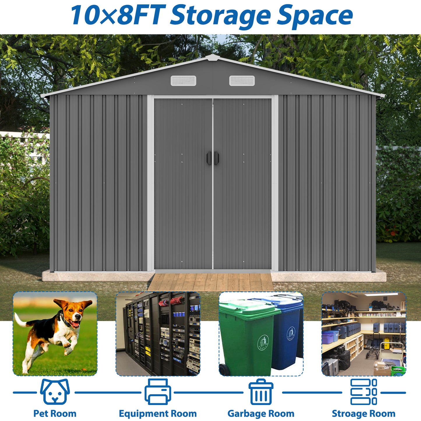 10X8 FT Outdoor Storage Shed,  Metal Foundation & Lockable Doors, Tool Shed for Garden, Patio, Backyard, Lawn, Grey