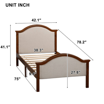 Twin Size Bed Frame with Headboard and Footboard, Upholstered Twin Platform Bed with Strong Wooden Slats Support,Walnut