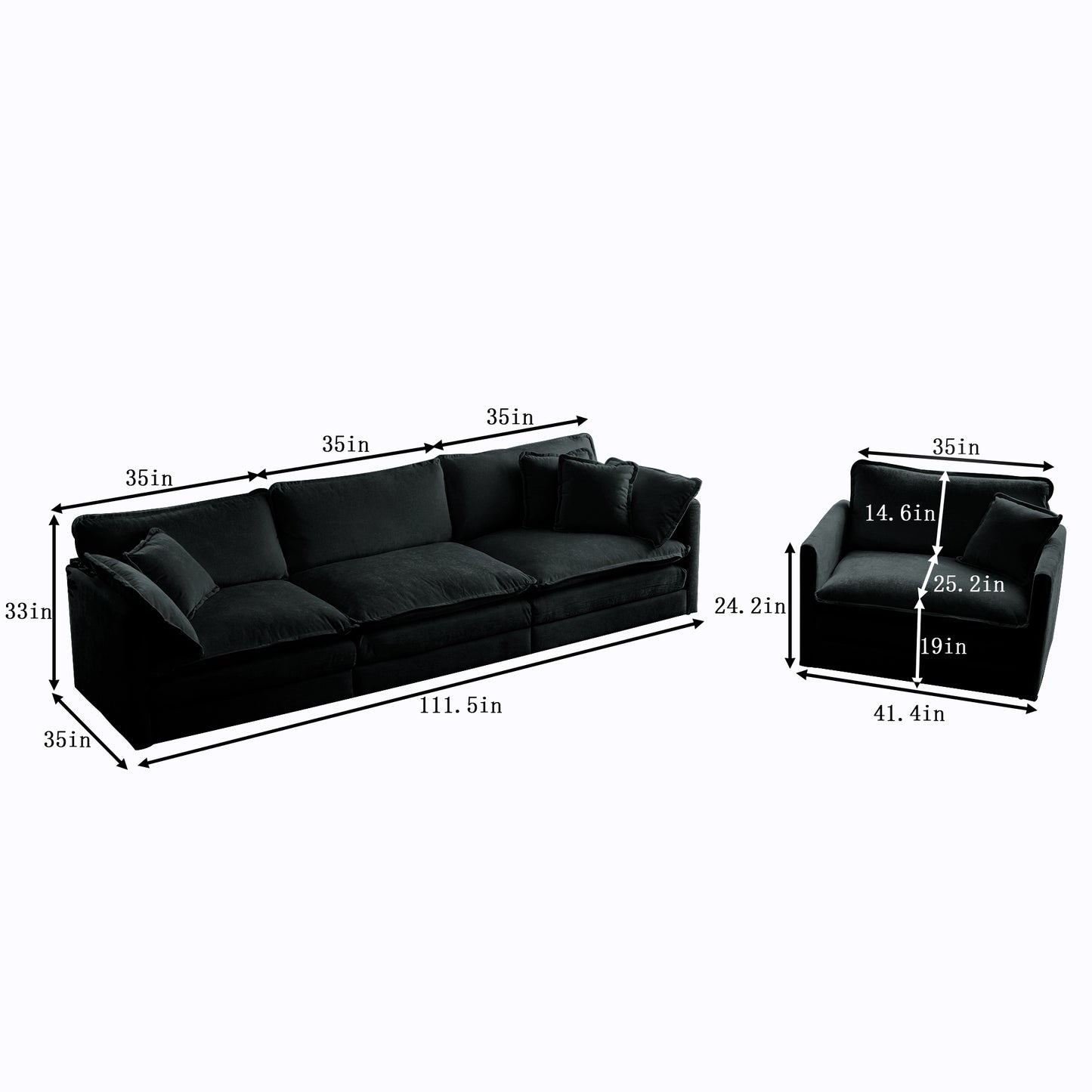 2-Piece Upholstered Sofa, Living Room Sectional Sofa Set Modern Sofa Couches Set , Deep Seat Sofa for Living Room Apartment, 1+3 Seat Black Chenille