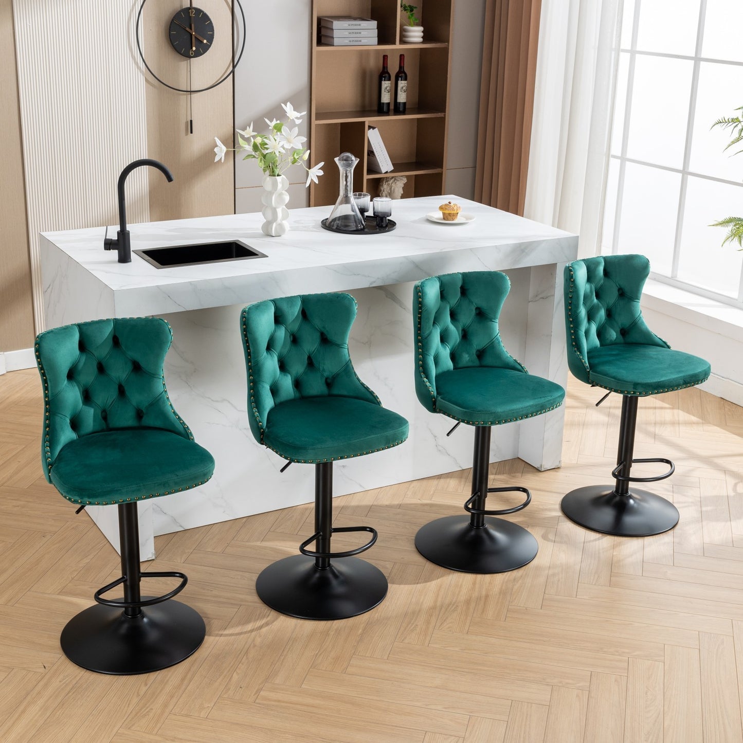 Swivel Velvet Barstools Adjusatble Seat Height from 25-33 Inch,17.7inch base, Modern Upholstered Bar Stools with Backs Comfortable Tufted for Home Pub and Kitchen Island,Green,Set of 2,SW1812GN