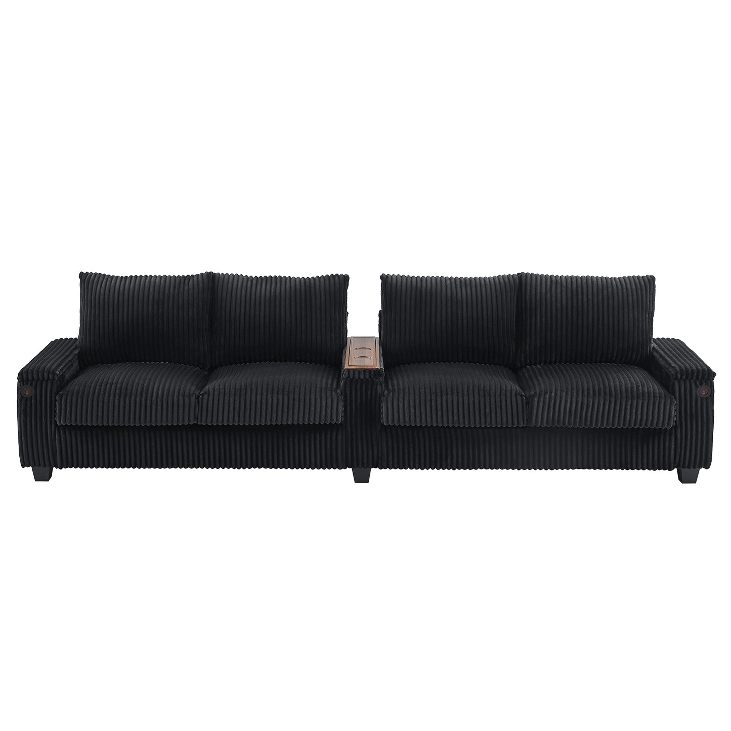 Modern 4-Seater Corduroy Sofa Couch with USB Ports and Hidden Storage in Black
