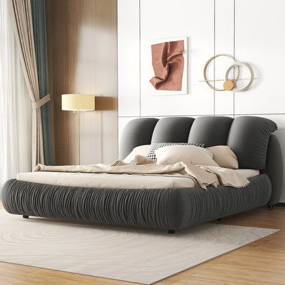 King Size Luxury Upholstered Bed with Thick Headboard, Velvet King Bed with Oversized Padded Backrest, Gray(Expect Arrive date 2024/3/15)