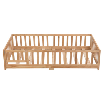 Queen Size Floor Bed with Door, Solid Wood Platform Bed Frame with Fence , Suitable for children , Pine Wood , Natural