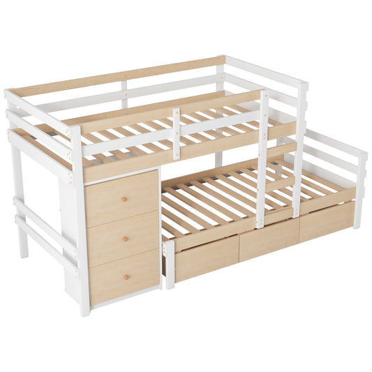 Natural Twin over Twin Loft Bunk Bed with Drawers and Ladder, Solid Pine and MDF, 101.9''L x 59.3''W x 53.5''H