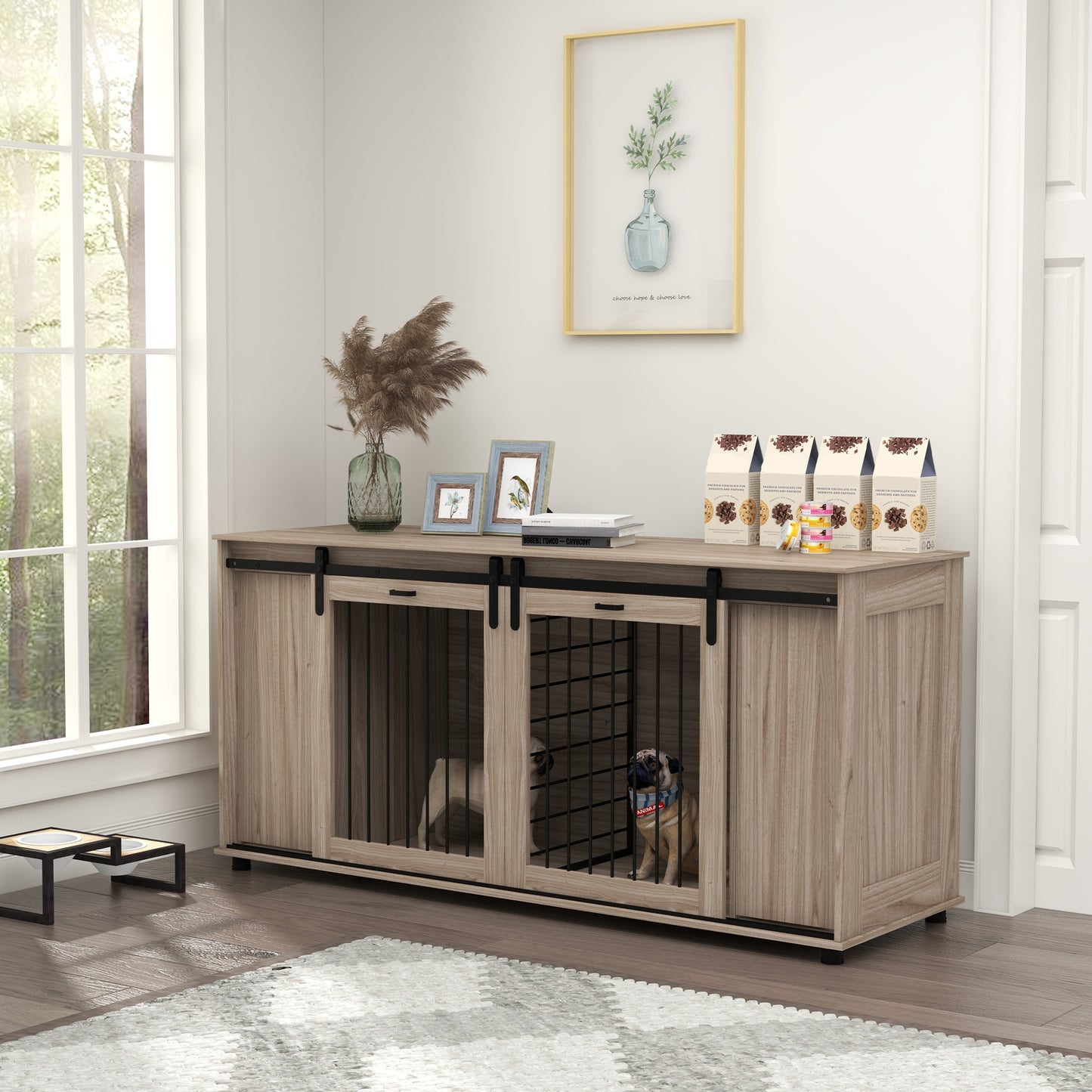 PawHut Dog Crate Furniture with Removable Divider for 2 Small Dogs or 1 Large Dog, 71" Modern Dog Kennel Furniture End Table with Storage, Double Doors, Walnut