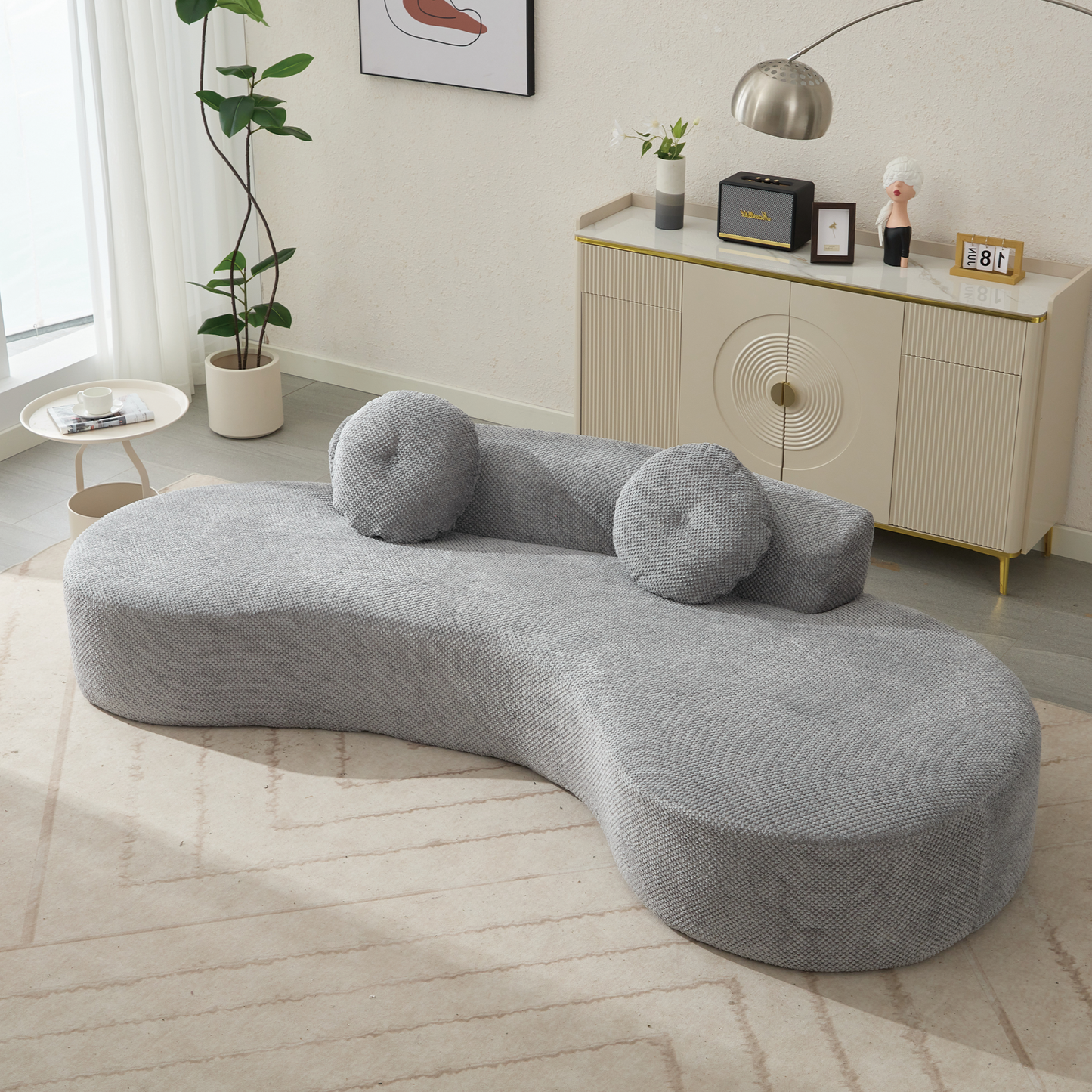 [NEW ARRIVED] [VIDEO PROVIDED]105.5''Curved Sofa, Modern Minimalist Sofa, Cloud Couch Sofa 3-4 Seater Couch with 2 Pillows,Bedroom,  No Assembly Required, Point-shaped corduroy,(Anti-Wrinkle) , Gray