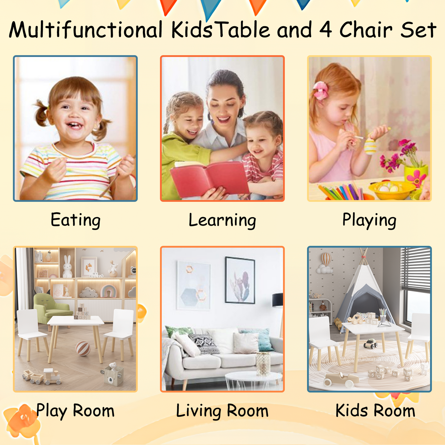 Kids Table and 2 Chairs Set, 3 Pieces Toddler Table and Chair Set, Wooden Activity Play Table Set (White)