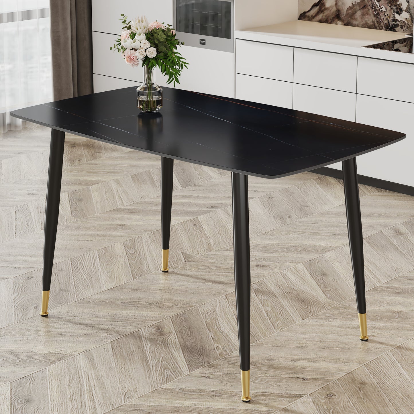 Modern minimalist dining table. Black sintered stone tabletop with golden stripe pattern, black metal legs. Suitable for kitchen restaurantand and living room 50"*30"*30" F-001