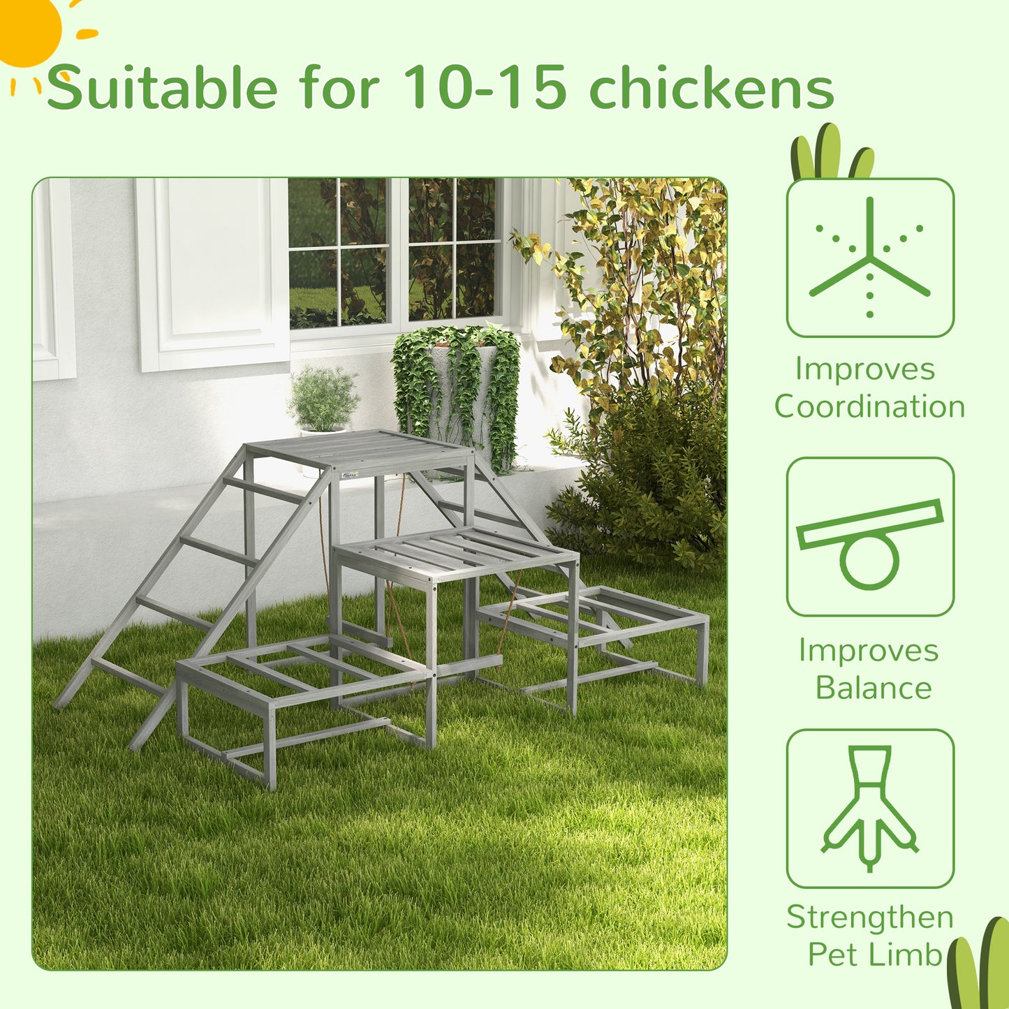 PawHut Chicken Toys for Coop, Chicken Swing Set, Chicken Coop Accessories for Poultry Run with Perches, Wood Stand, Ladder, Platforms, for 10-15 Chickens, Gray