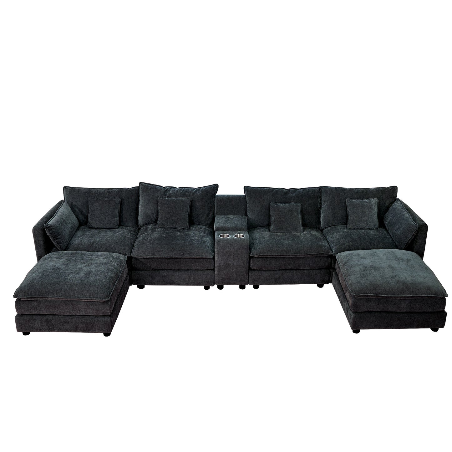U Shaped Sectional Cloud Couch for Living Room,144' Comfy Fluffy Modular Sofa with Movable Ottoman Modern Chenille 6 Seat Sectional Sofa Set with Console, Cup Holders,Black