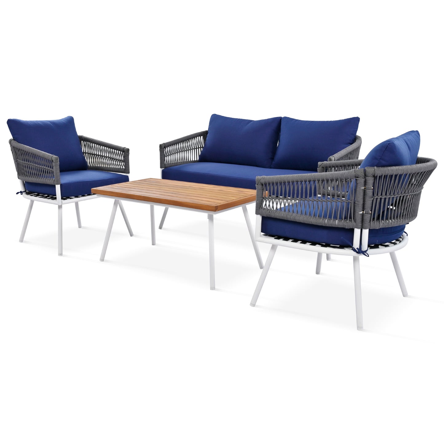 K&K 4-Piece Boho Rope Patio Furniture Set, Outdoor Furniture with Acacia Wood Table, Patio Conversation Set with Deep Seating & Thick Cushion for Backyard Porch Balcony, Navy Blue