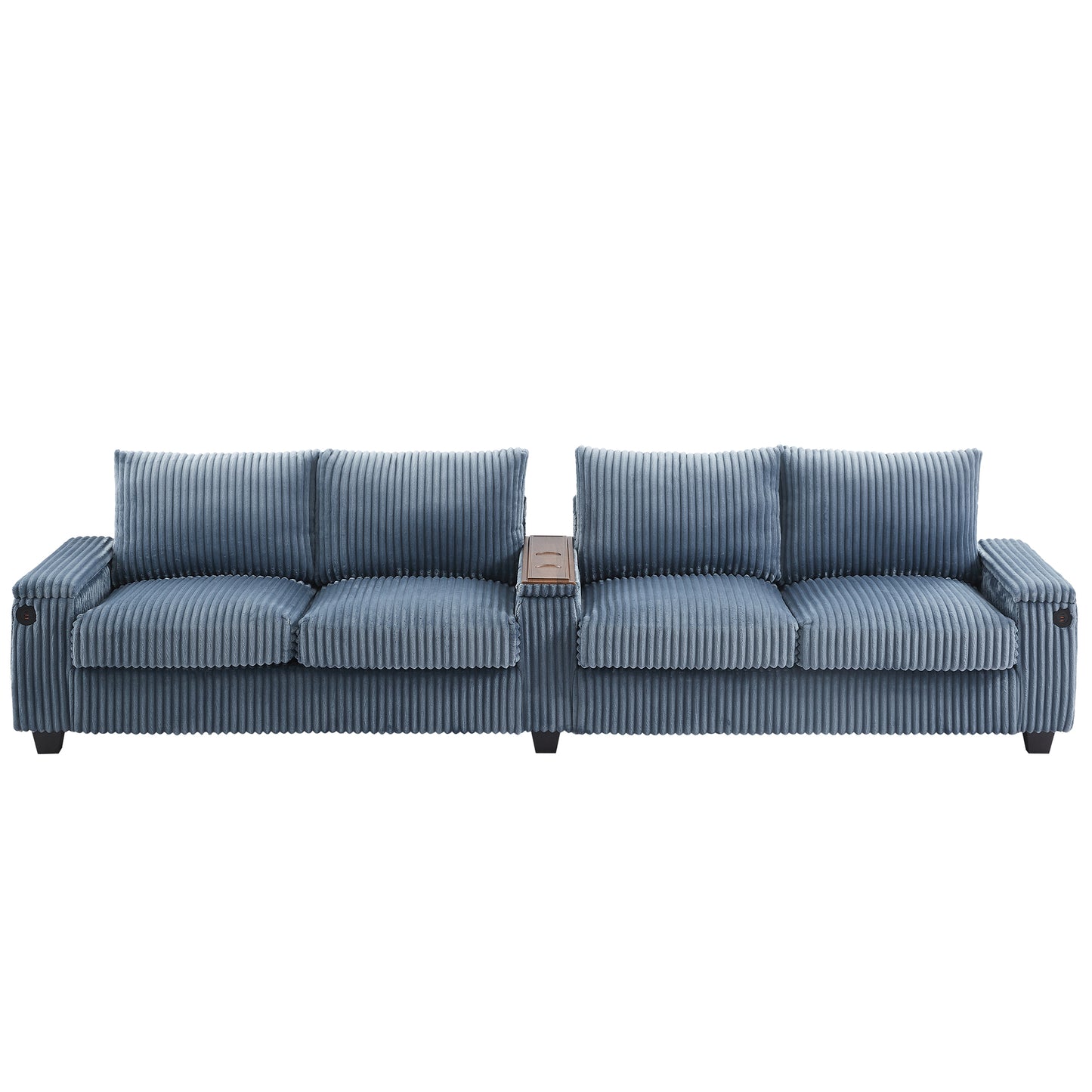 Modern 4-Seater Corduroy Sofa Couch with USB Ports, Hidden Storage, Flip-Top Cup Holders, Blue, 133'