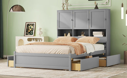 Queen Size Platform Bed with Storage Headboard and 4 Drawers, Gray