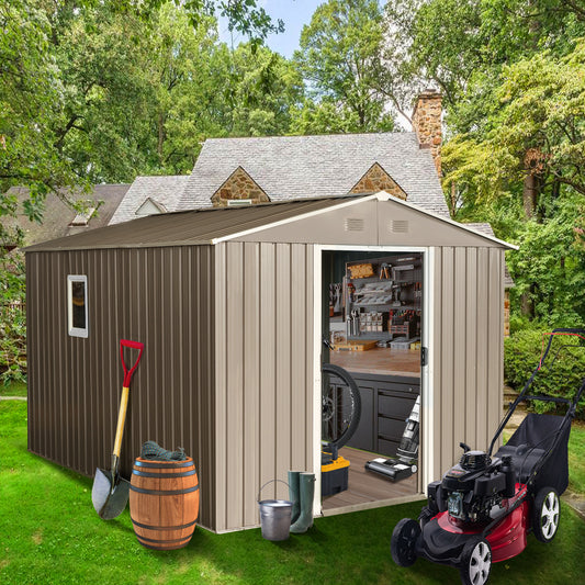 8ft x 10ft Outdoor Metal Storage Shed with Metal Foundation,with Window,Grey(W540S00017)