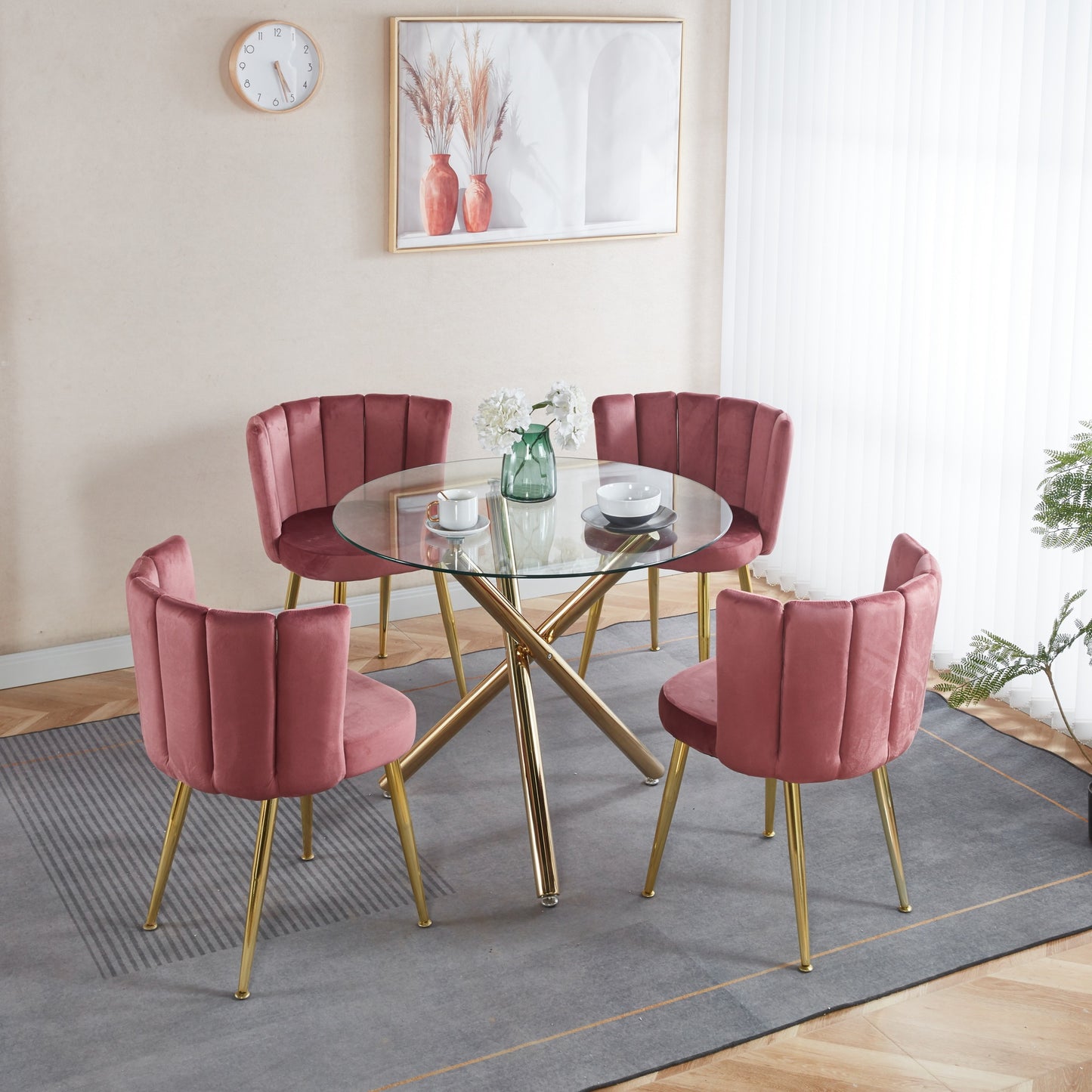 1+4,5pieces dining set, Table metal leg Mid-century Dining Table for 4-6 people With Glass Table Top, Pedestal Dining Table, End Table Leisure Coffee Table