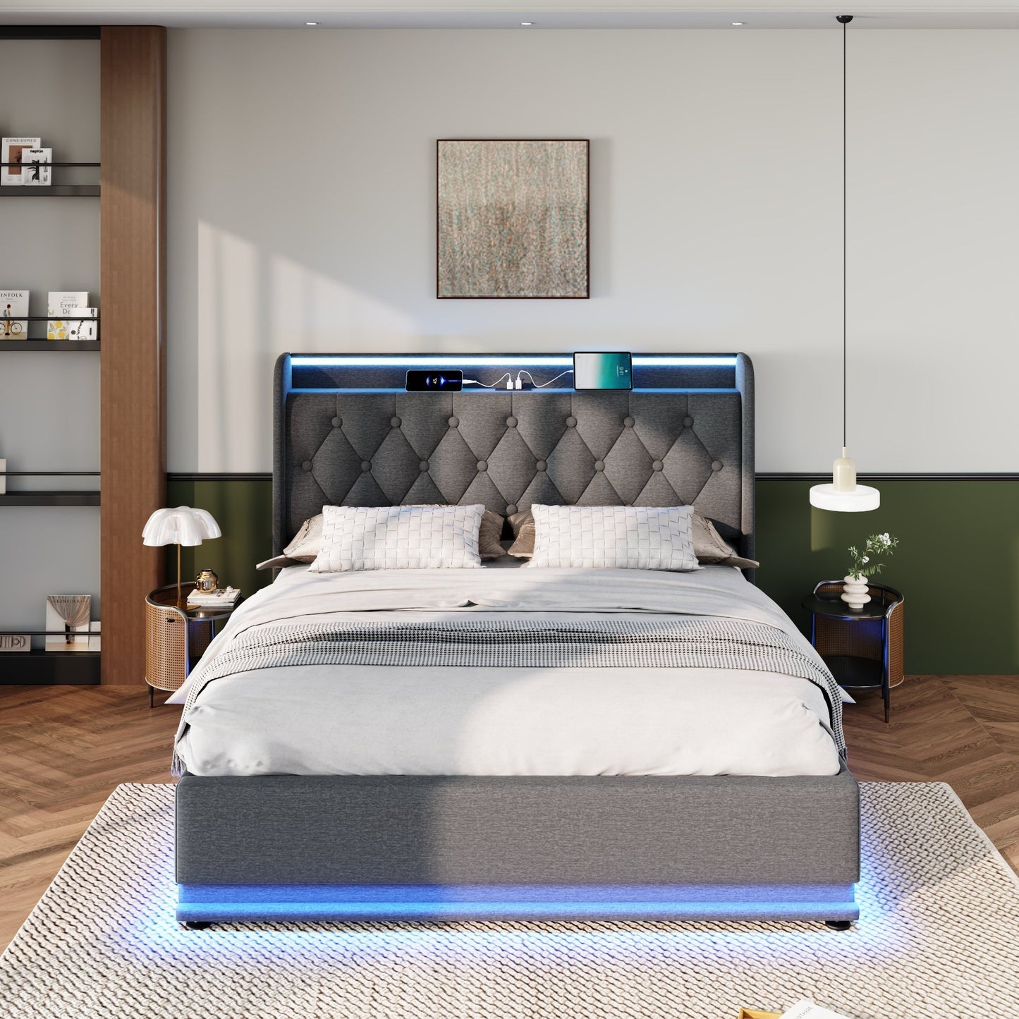 Full size Upholstered bed, 360 surround LED function, Buttons/Apps/Remote Control, hydraulic storage bed with USB Type-C charging, Gray,Linen (Without mattress)