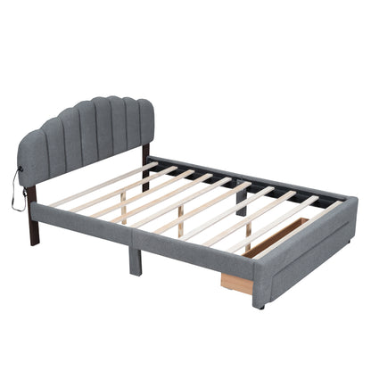 Teddy Fleece Queen Size Upholstered Platform Bed with Drawer, Gray