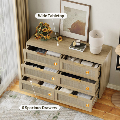 Rattan 6 Drawer Dresser for Bedroom, Wood Dresser & Chest of Drawers with Metal Handles 51"