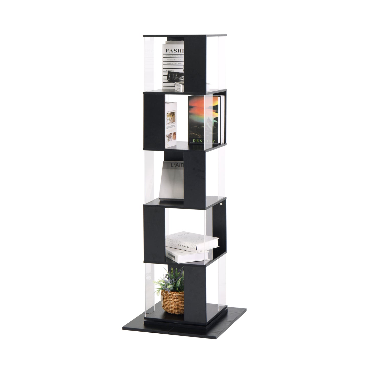 5 tier Rotating Bookshelf, Floor Rack Simple Bookcase  with Acrylic plate Student Multi-Function Creative Bookshelf for Living Room with anti-toppling base