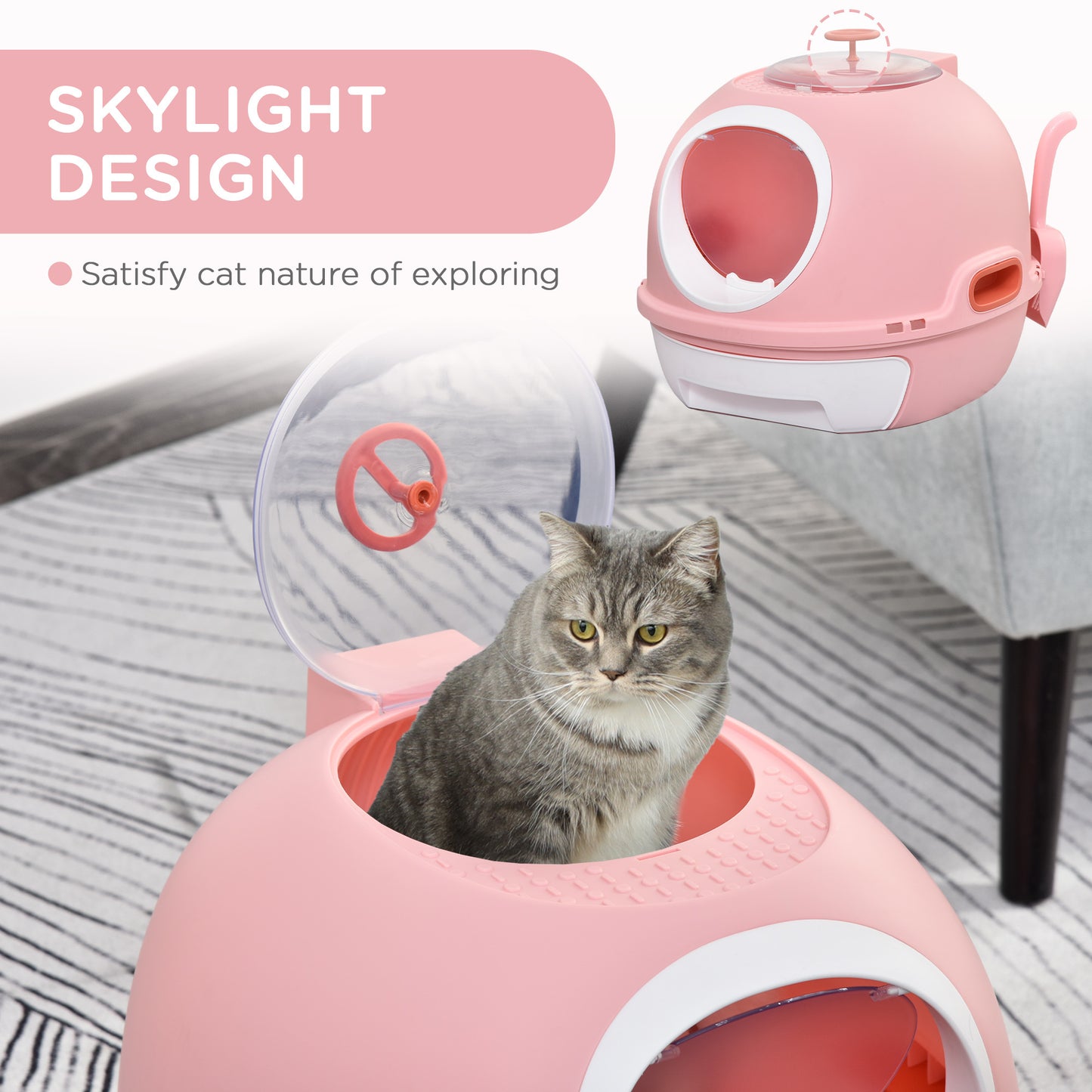 PawHut Covered Litter Box, Litter Box with a Lid, Scoop Enclosed Drawer & Skylight for Cats That's Easy to Clean, Pink