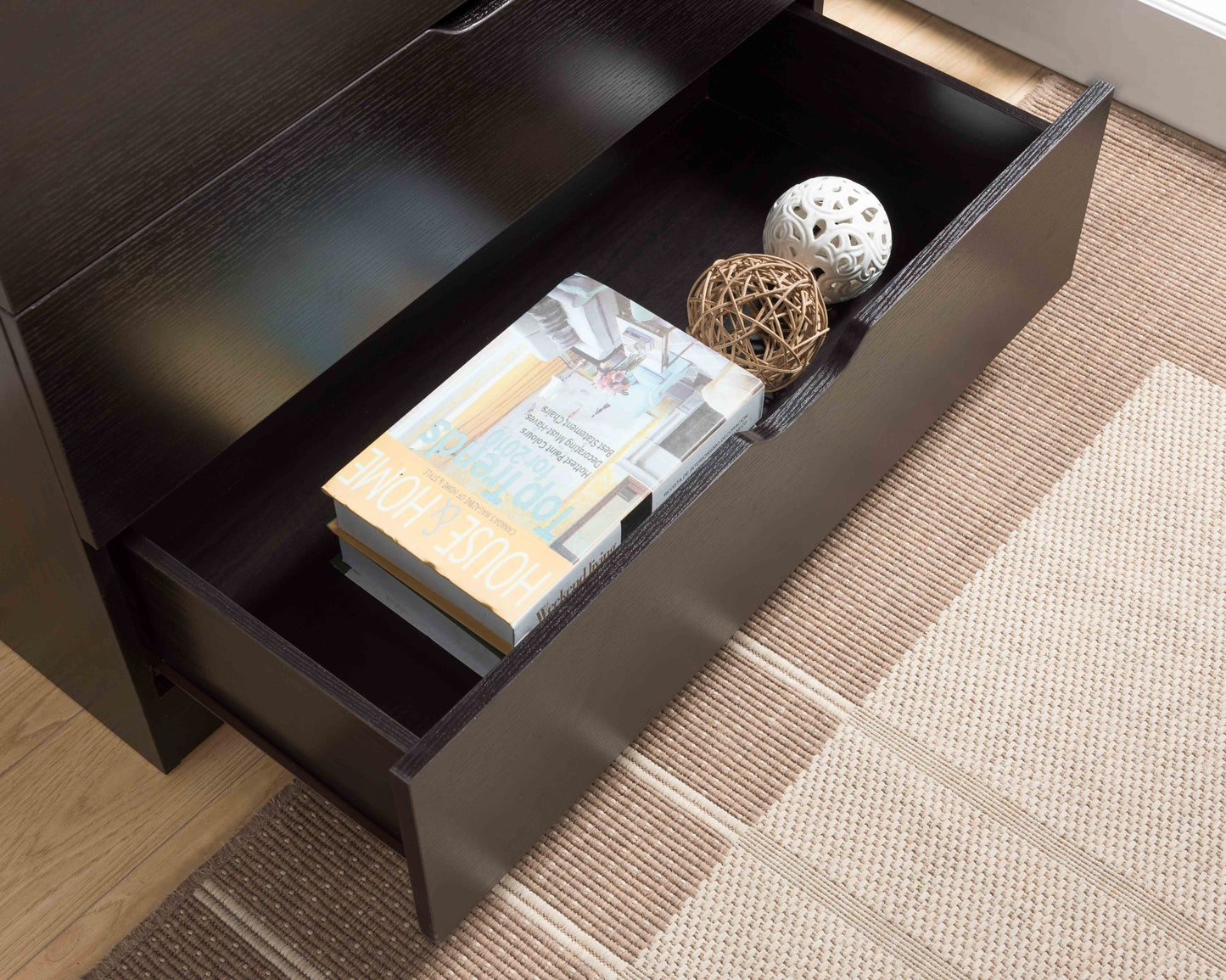 Five drawer clothes and storage chest cabinet in red cocoa chocolate faux wood grain and metal glides