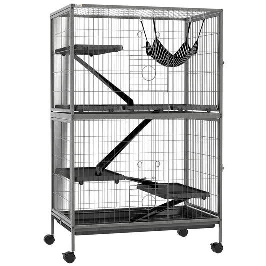 PawHut 50" 5-Tier Small Animal Cage, Ferret Cage, Large Chinchilla Cage with Hammock Accessory & Heavy-Duty Steel Wire, Small Animal Habitat with 4 Doors, Removable Tray, Gray