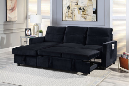 Ivy 81.5" Black Velvet Reversible Sleeper Sectional Sofa with Storage Chaise and Side Pocket