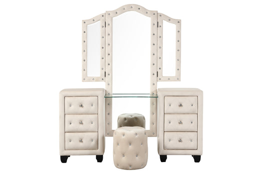 Modern Style Crystal Tufted Upholstery 6-Drawer Vanity Set with Stool, finished with Velvet Fabric made with Wood in Cream