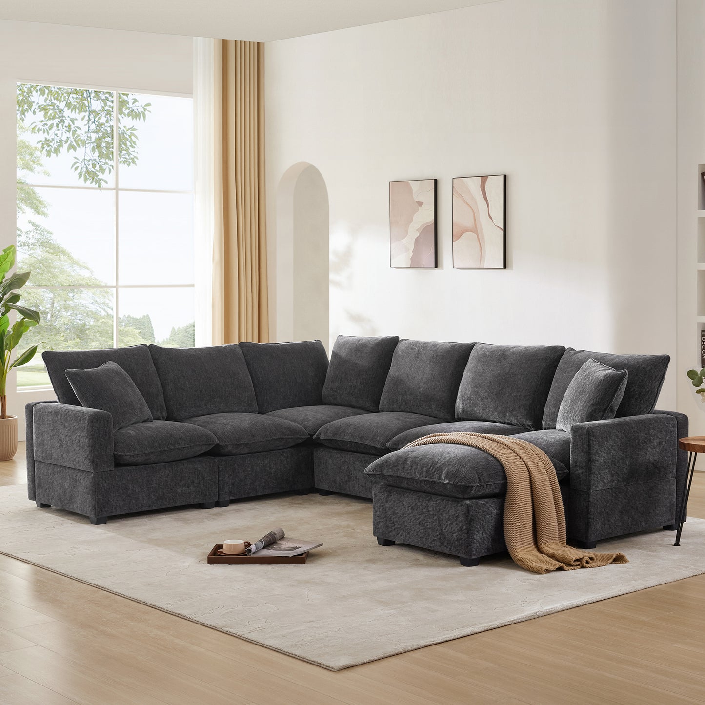 110*86" Modern U Shape Modular Sofa, 7 Seat Chenille Sectional Couch Set with 2 Pillows Included, Freely Combinable Indoor Funiture for Living Room, Apartment, Office, 2 Colors