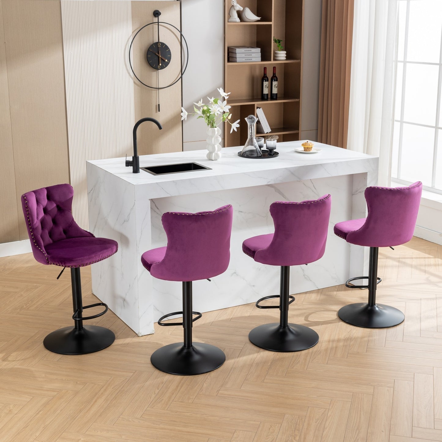 Swivel Velvet Barstools Adjusatble Seat Height from 25-33 Inch,17.7inch base, Modern Upholstered Bar Stools with Backs Comfortable Tufted for Home Pub and Kitchen Island,Purple,Set of 2,SW1812PP