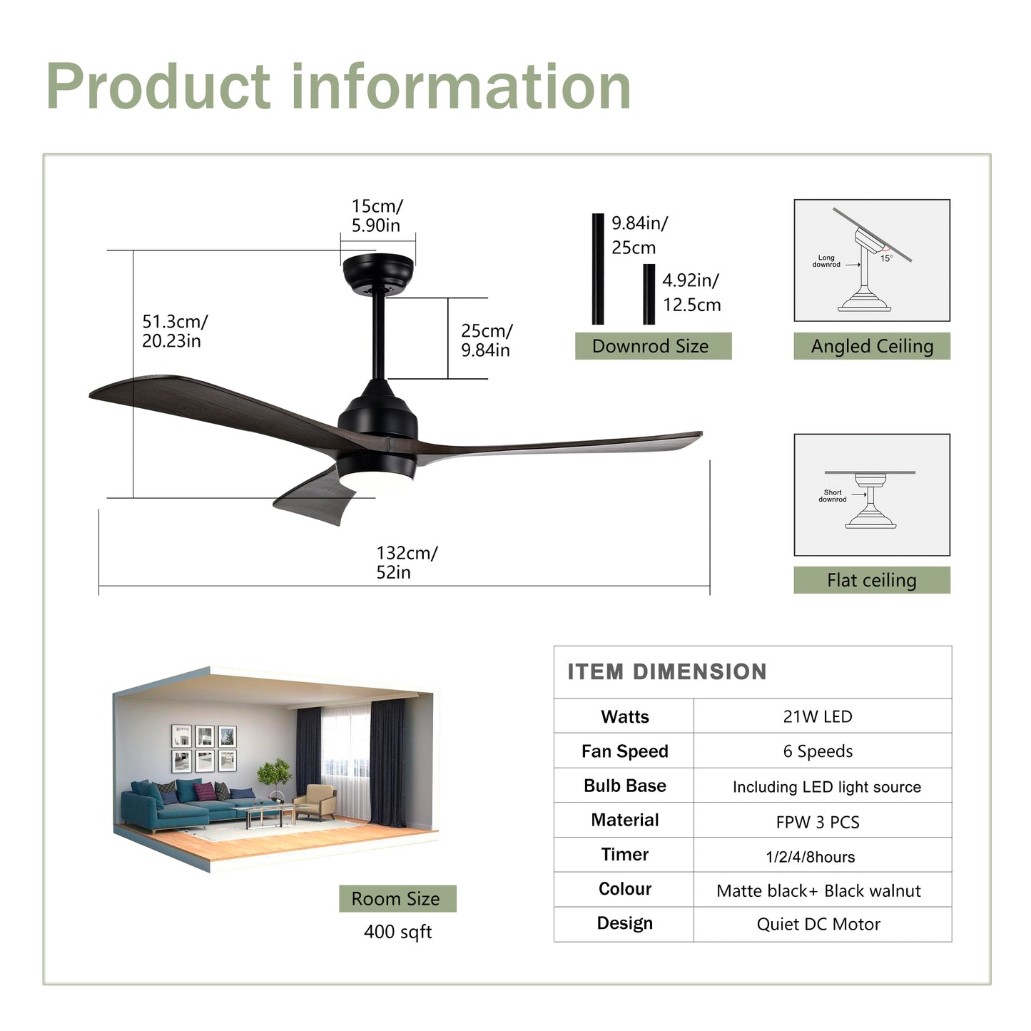 52" Ceiling Fan with Lights Remote Control,Quiet DC Motor 3 Blade Ceiling Fans 6 Speed Levels,Reversible Ceiling Fan, for Patio Living Room, Bedroom, Office,Indoor.(Matte Black +Black Walnut )