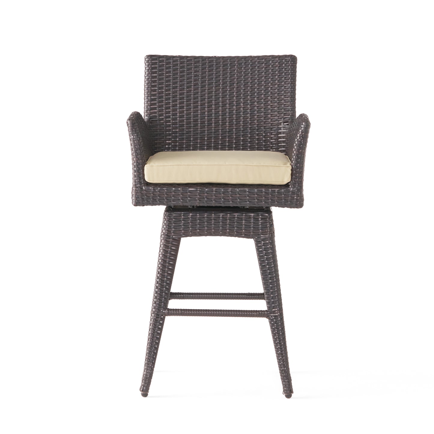 Outdoor Modern PE Rattan Swivel Barstool with Tapered Legs, Beige Cushion, Multibrown Wicker