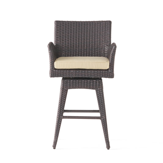 Outdoor Modern PE Rattan Swivel Barstool with Tapered Legs, Beige Cushion, Multibrown Wicker