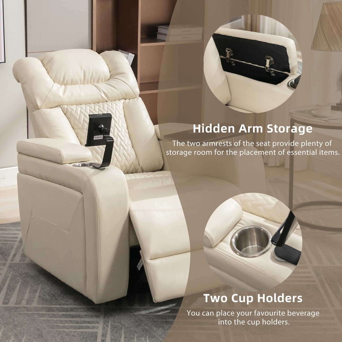 270 Degree Swivel PU Leather Power Recliner Individual Seat Home Theater Recliner with  Comforable Backrest, Tray Table,  Phone Holder, Cup Holder,  USB Port, Hidden Arm Storage for Living Room, White