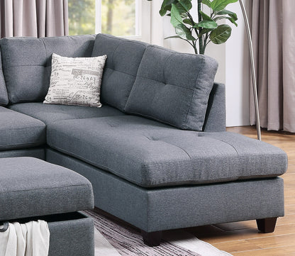 3-pcs Sectional Sofa Blue Grey Polyfiber Cushion Sofa Chaise Ottoman Reversible Couch Pillows