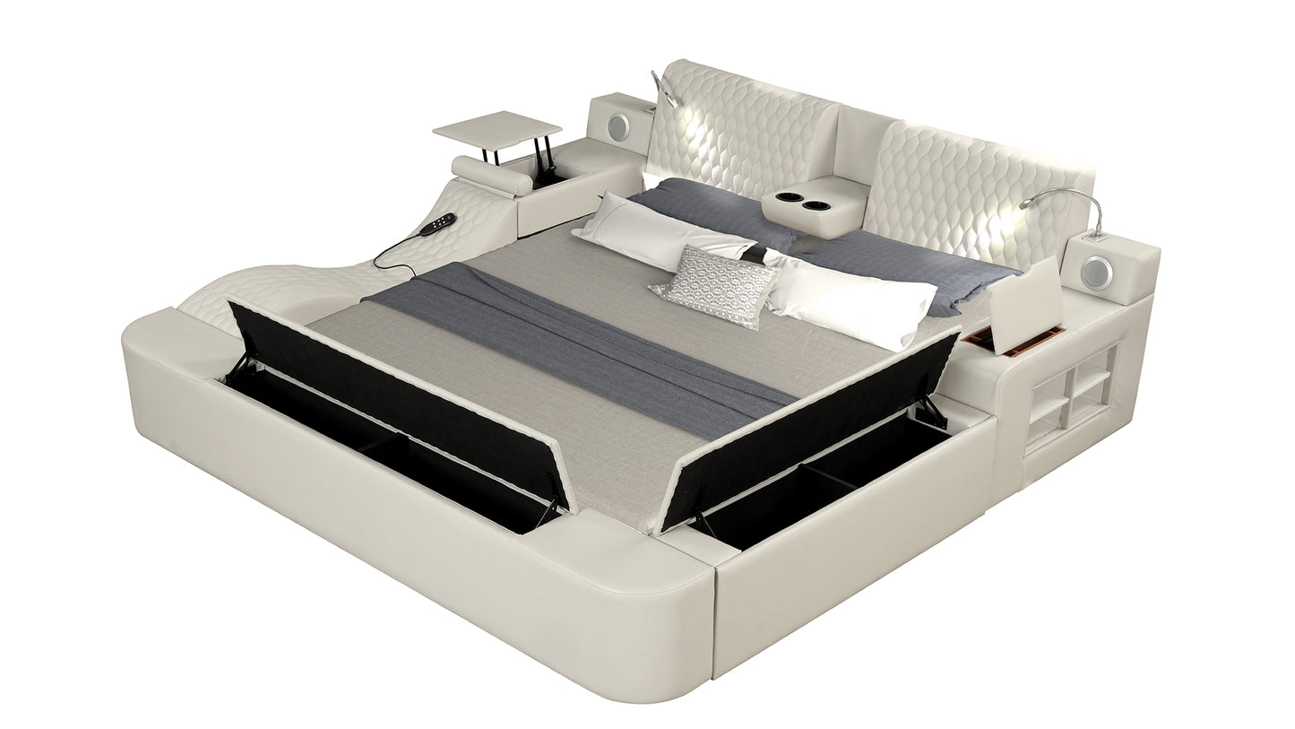 Smart Multifunctional Queen Size Bed Made with Wood in Beige