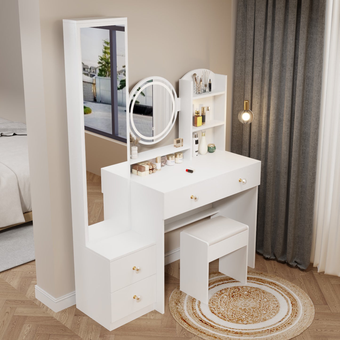 Full Body Mirror Cabinet + Round Mirror LED Vanity Table + Cushioned Stool, 17" diameter LED Mirror, Touch Control, 3-color, Brightness adjustable, Large desktop, Multi-layer High Capacity Storage