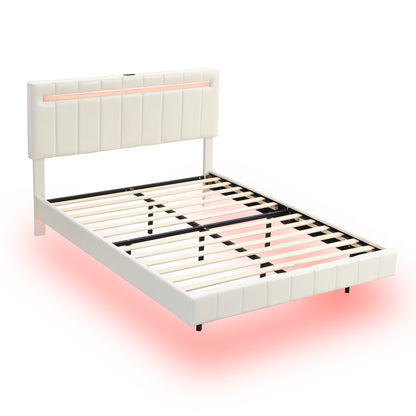 Queen Size Floating Bed Frame with LED Lights and USB Charging,Modern Upholstered Platform LED Bed Frame, White