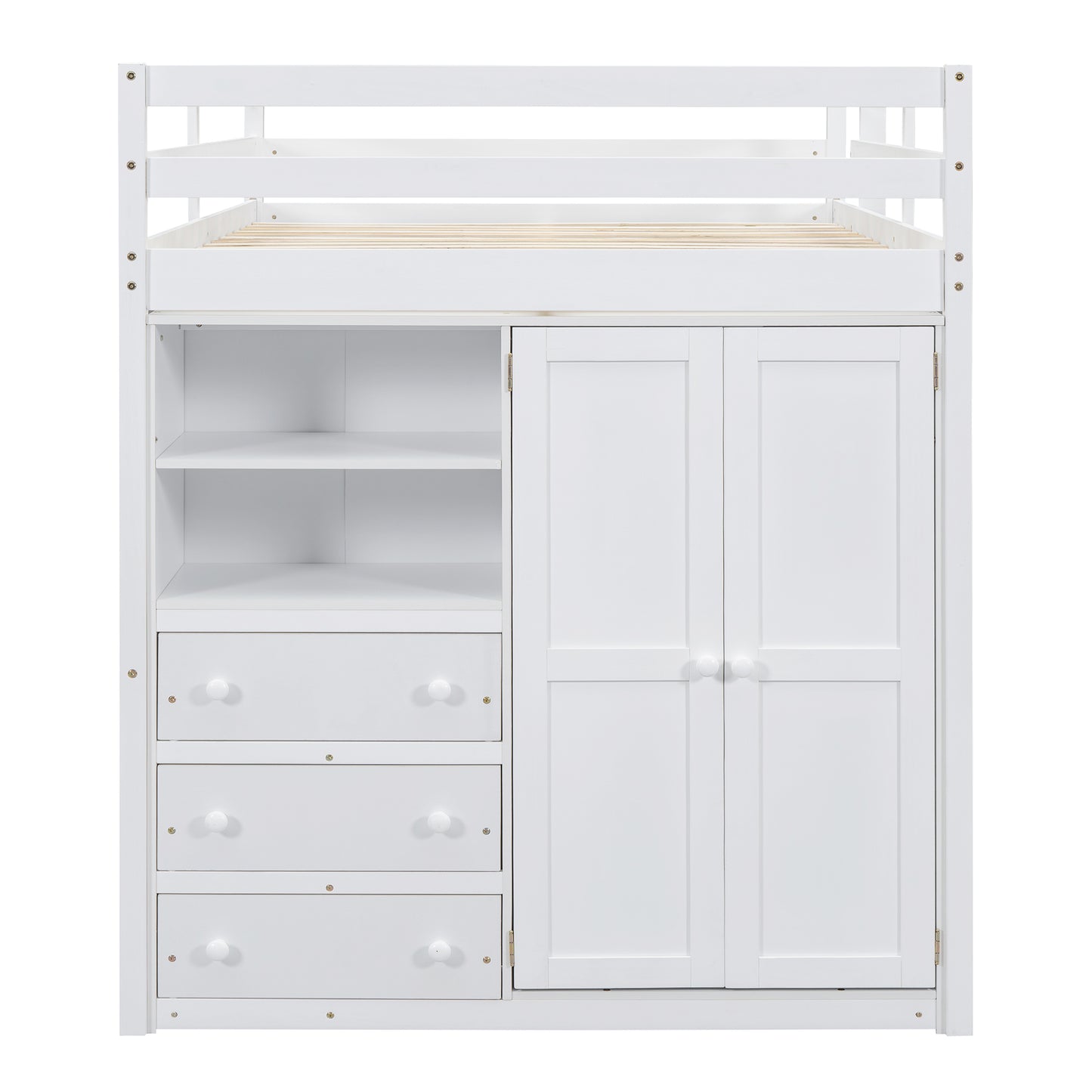 Wood Full Size Loft Bed with Built-in Wardrobe, Desk, Storage Shelves and Drawers, White