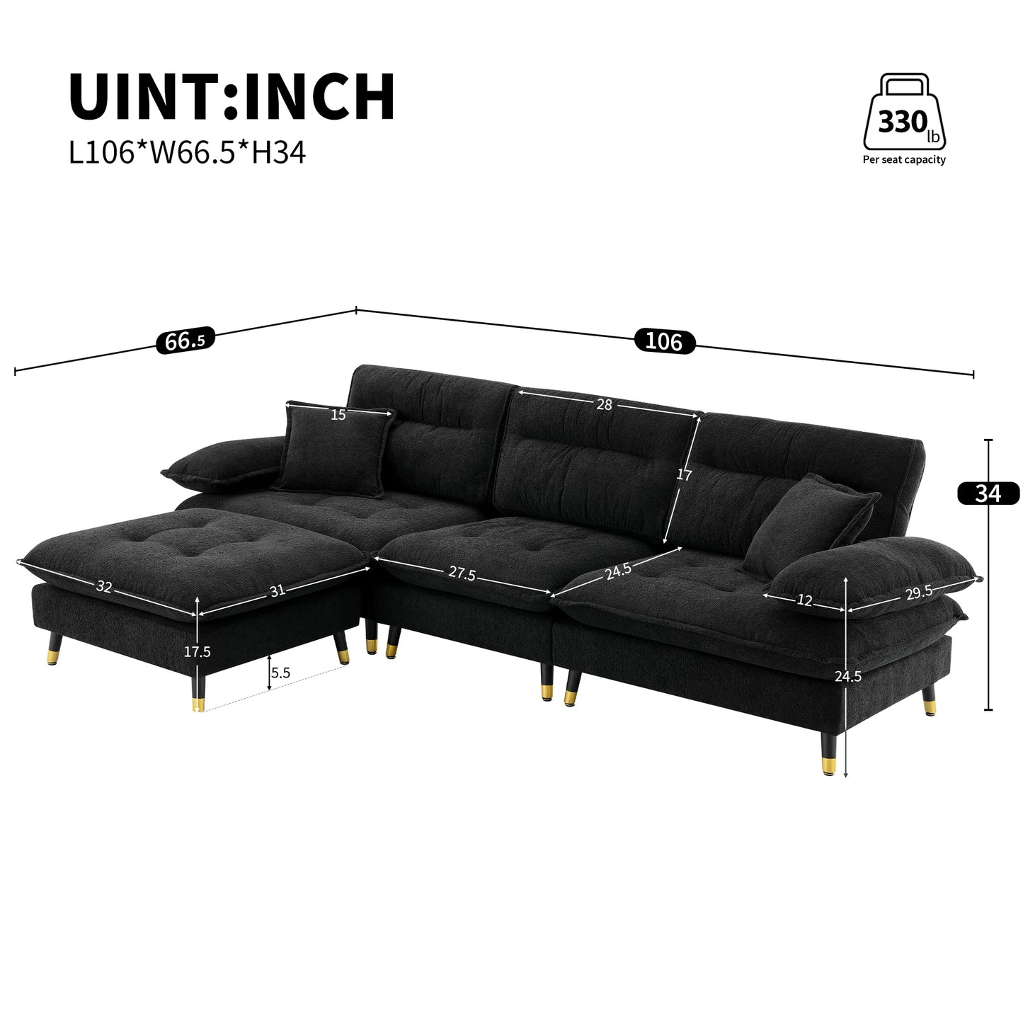 106*66.5" L shaped Convertible Sectional Sofa,4 Seat Tufted Couch Set with Two-tone Adjust Legs,Cloud Chenille Fabric,Movable Ottoman for Living Room,  Apartment,Office,3 Colors