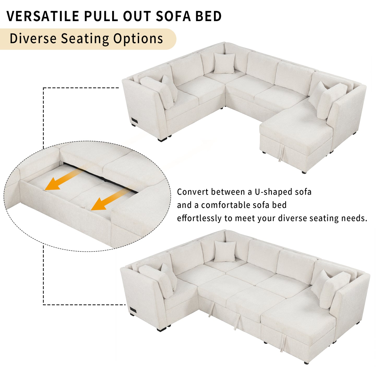 108.6" U-shaped Sectional Sofa Pull out Sofa Bed with Two USB Ports, Two Power Sockets, Three Back Pillows and a Storage Chaise for Living Room, Beige