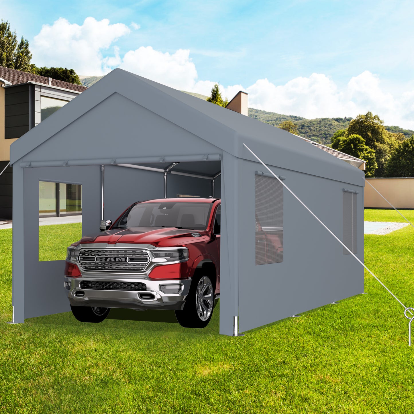 Carport 10' x 20' Portable Garage, Heavy Duty Car Port Canopy with 2 Roll-up Doors & 4 Ventilated Windows for Car, Truck, Boat, Garden Tools, grey