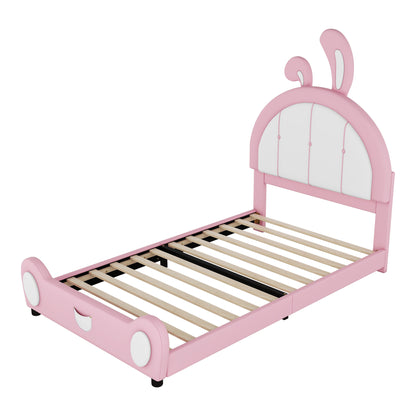 Twin Size Upholstered Platform Bed with Rabbit Shaped Headboard, Pink